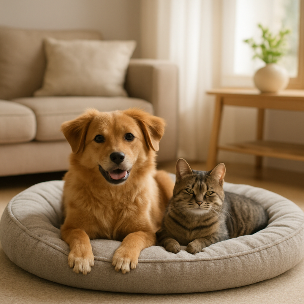 Perro y gato descansando juntos en casa